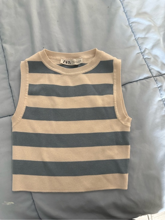Zara Tops - Zara Blue and Cream Striped Knit Crop Top